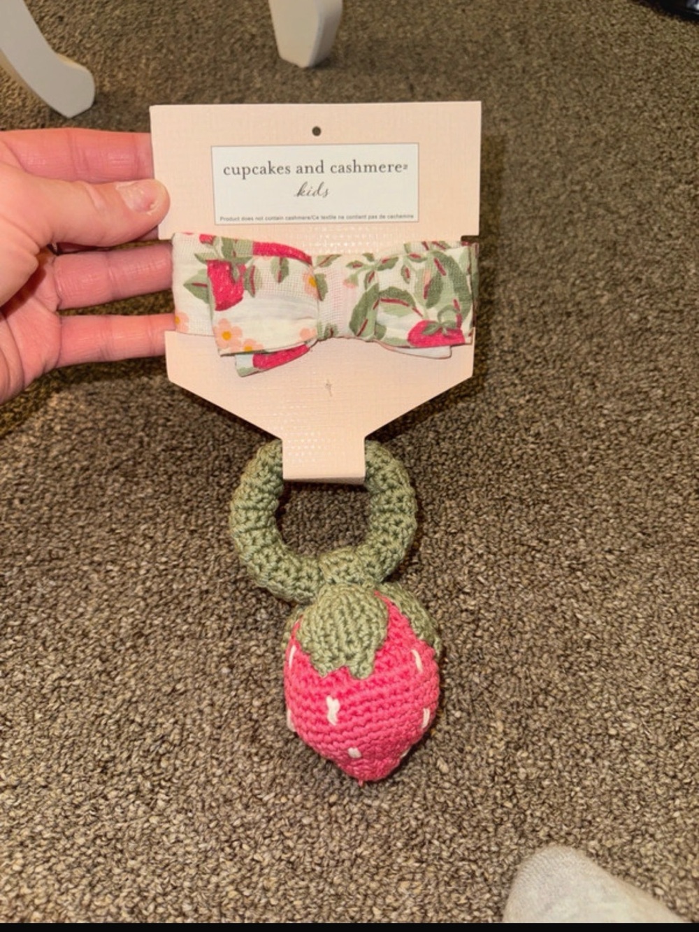 cupcakes and cashmere kids Strawberry Teether Ring with Floral Bow